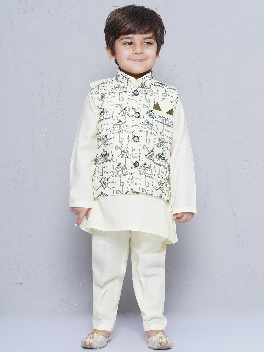 Aj DEZInES Boys Mandarin Collar Pure Cotton Kurta With Pyjamas & Nehru Jacket, Yellow
Aj DEZInES Boys Mandarin Collar Pure Cotton Kurta With Pyjamas & Nehru Jacket, Yellow