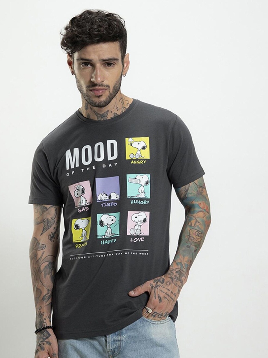 Bewakoof Peanuts Printed Cotton T-shirt, Charcoal