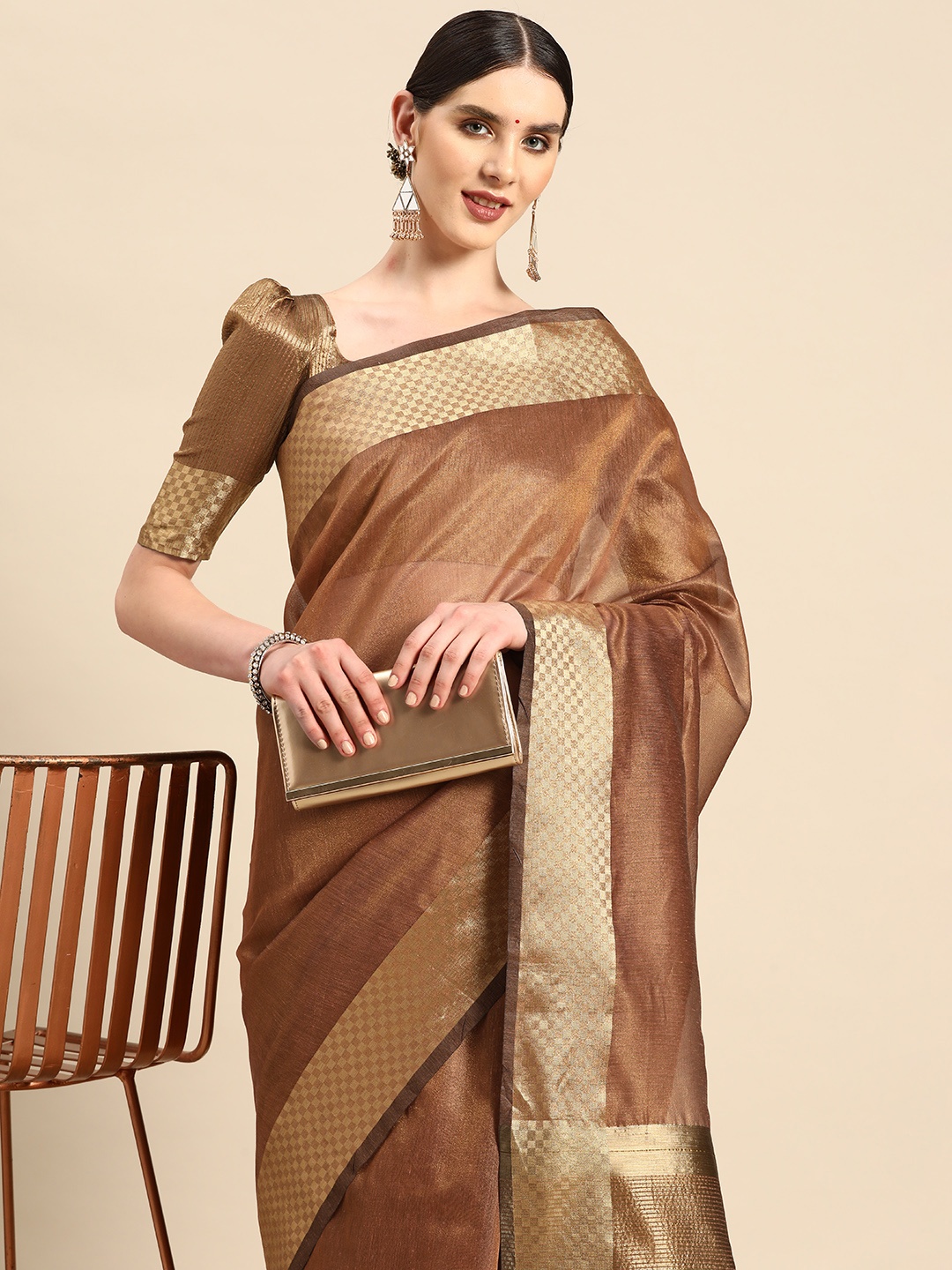 KALINI Zari Woven Design Tussar Saree, Brown