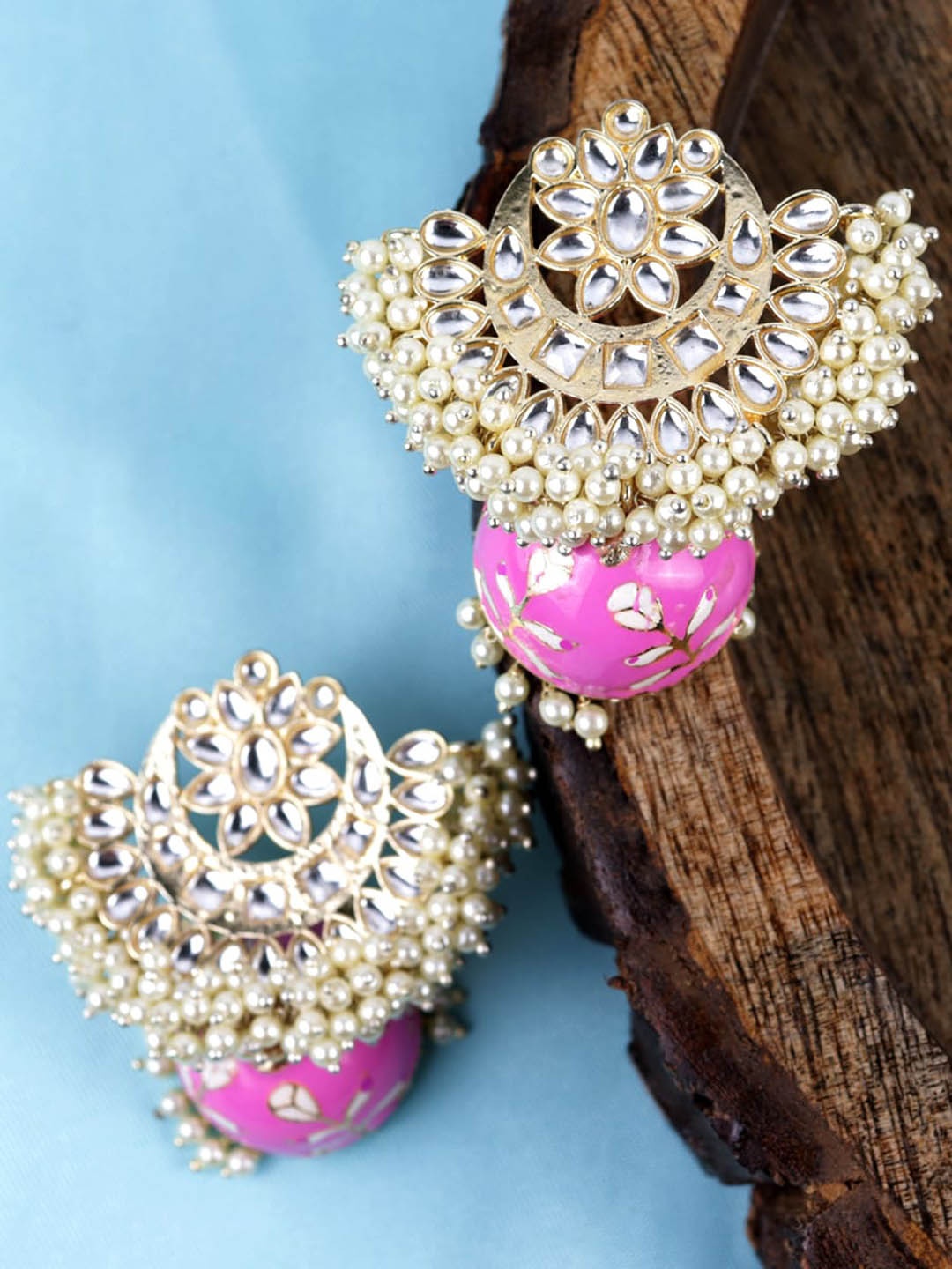 Krelin Gold-Plated Meenakari Dome Shape Jhumkas, Pink