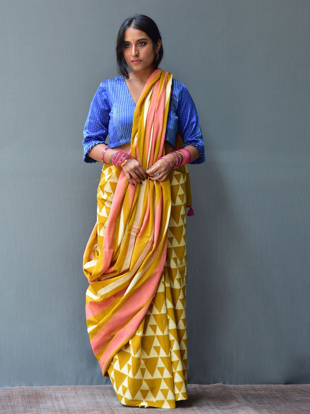 Chidiyaa Geometric Pure Cotton Block Print Saree, Olive