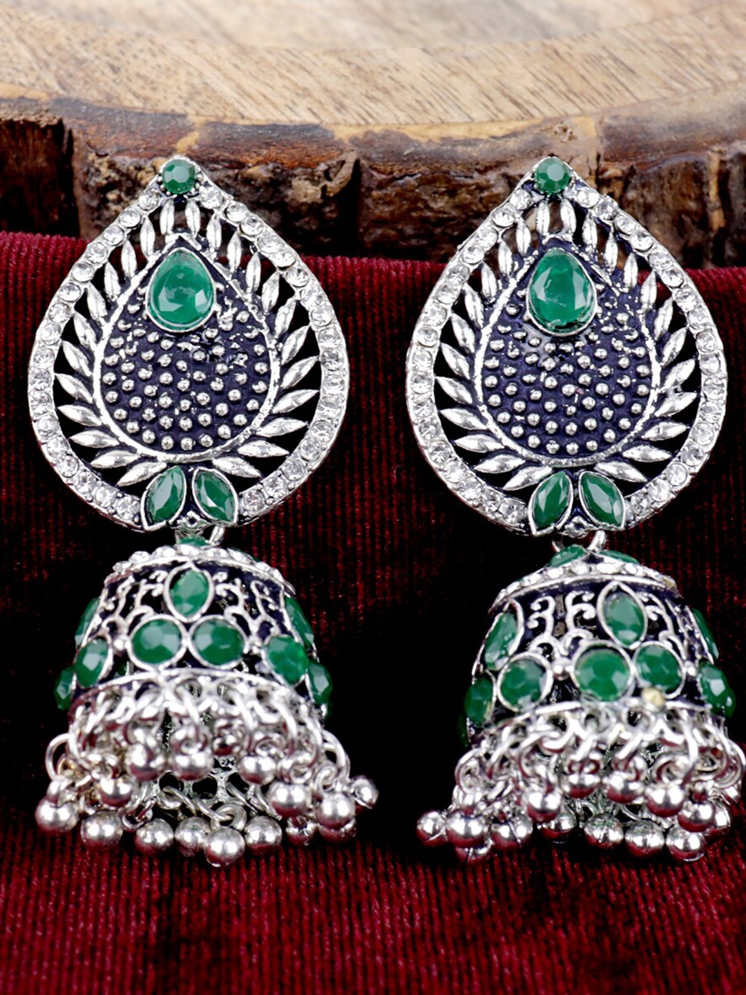 Krelin Green Silver-Plated Stone Studded Jhumkas