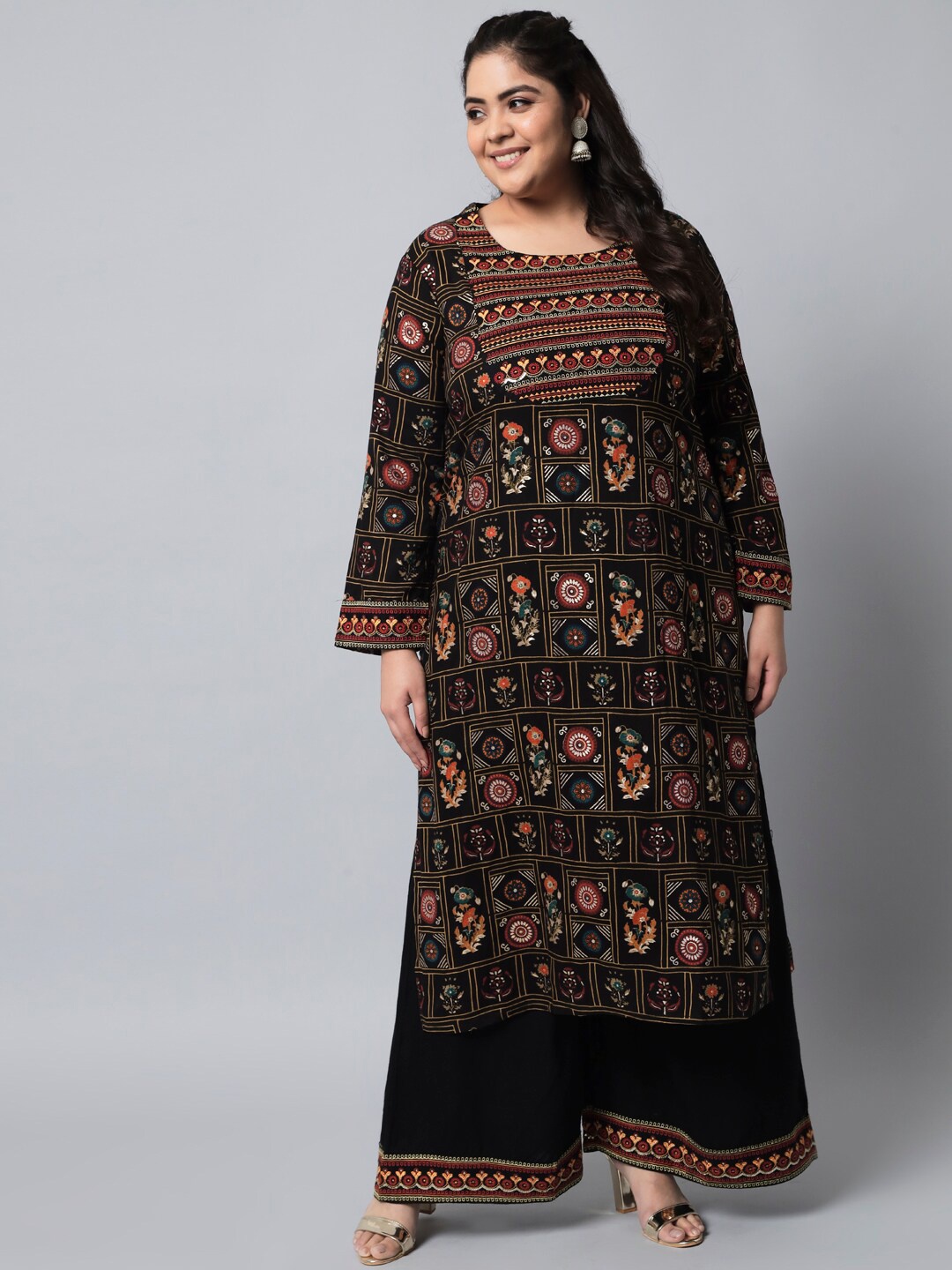 Nehamta Plus Size Ethnic Motif Printed Foil Thread Work Straight Kurta With Palazzos, Black
Nehamta Plus Size Ethnic Motif Printed Foil Thread Work Straight Kurta With Palazzos, Black