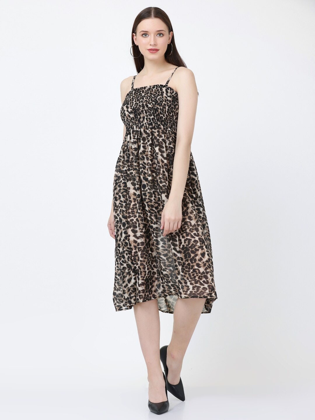 GRACIT Animal Printed Smocked Fit & Flare Midi Dress, Brown