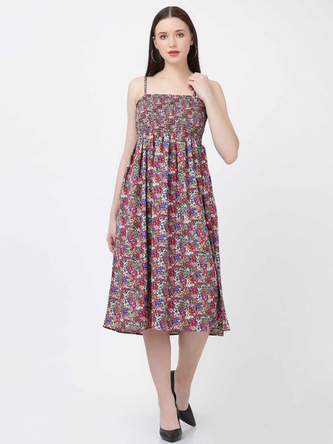 GRACIT Floral Printed Smocked Fit & Flare Midi Dress, Red