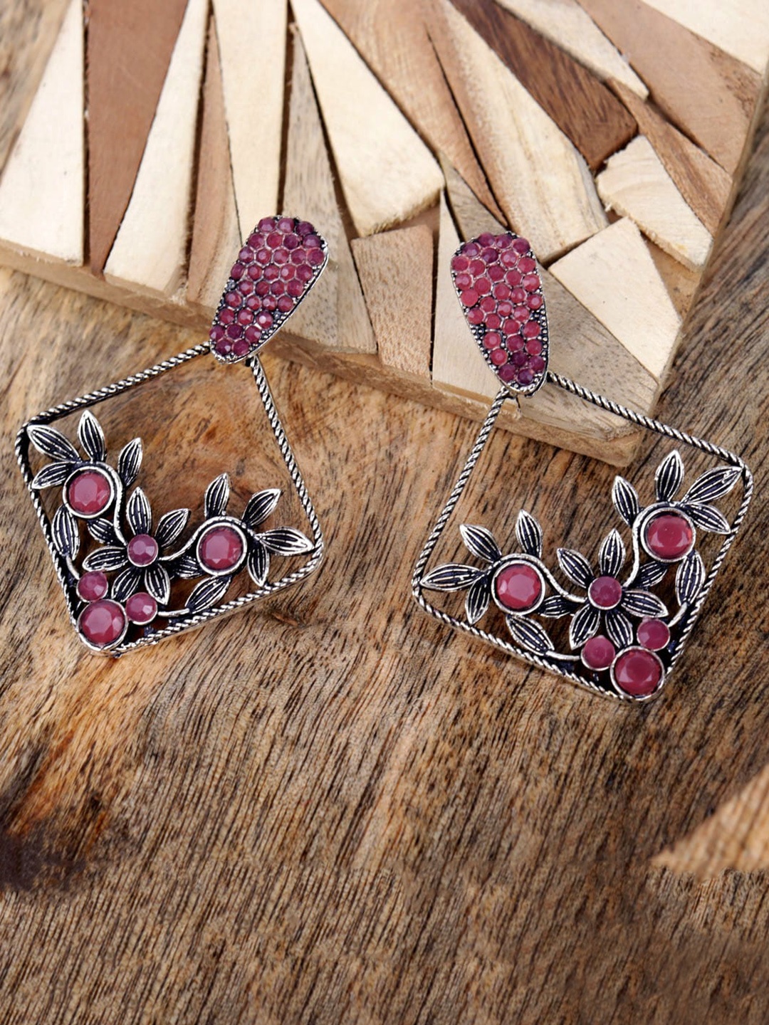 Krelin Silver-Plated Stone Studded Geometric Drop Earrings, Pink