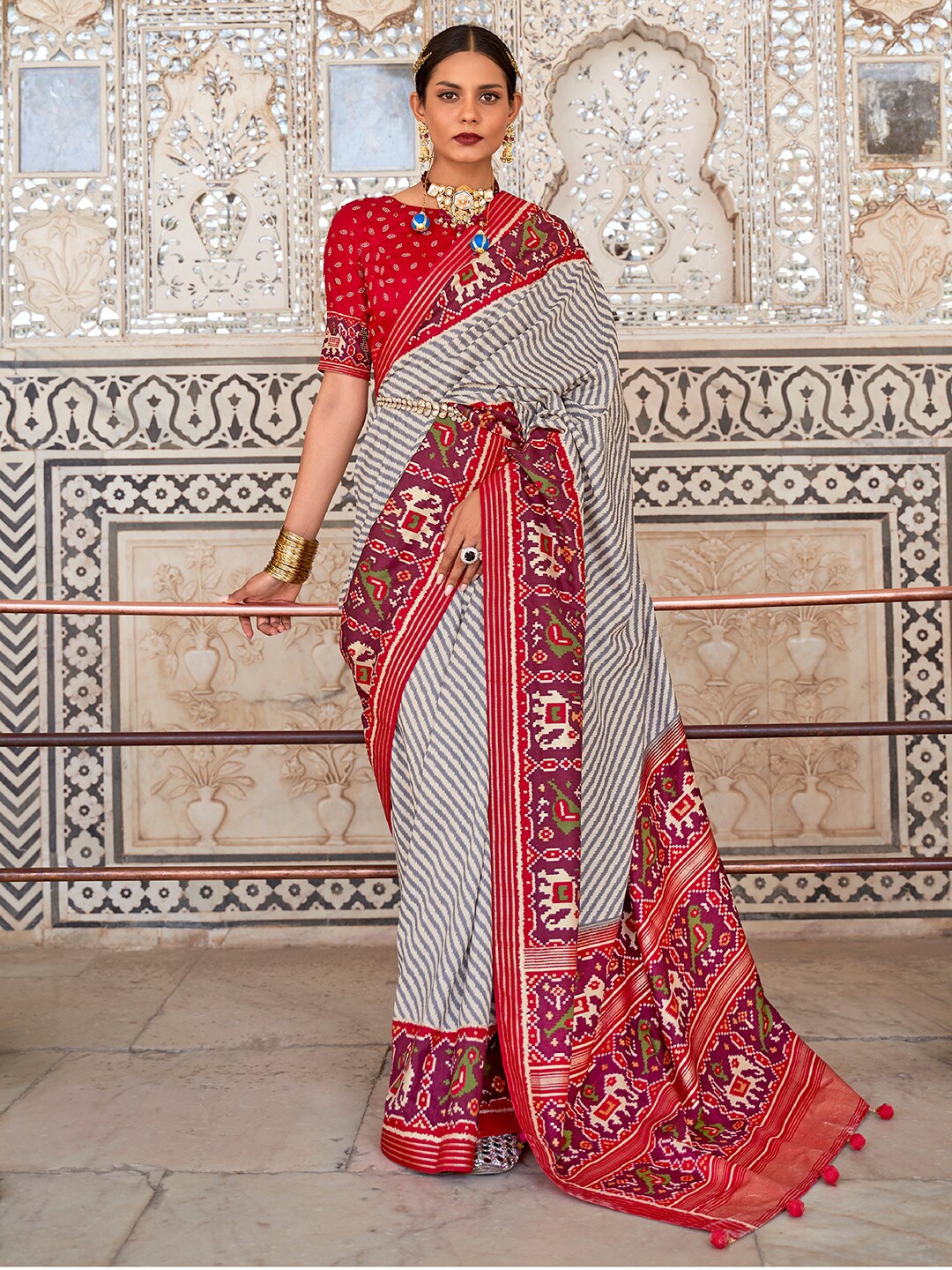 Anouk Ethnic Motifs Printed Patola Saree, Off white