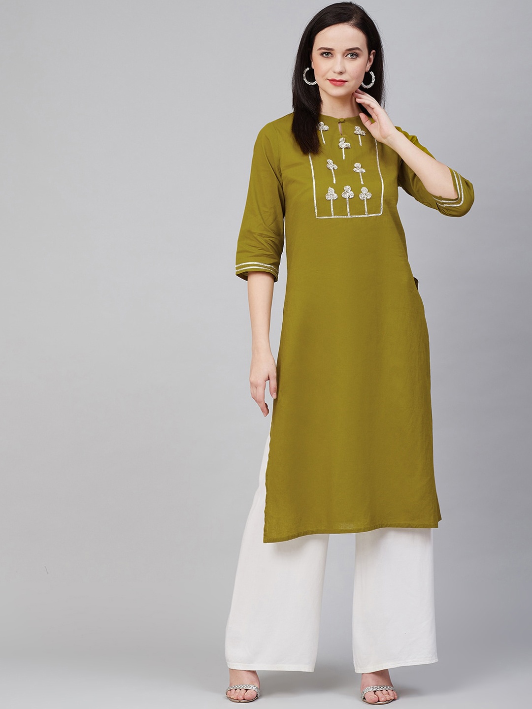 Bhama Couture Keyhole Neck Embellished Straight Kurta, Olive