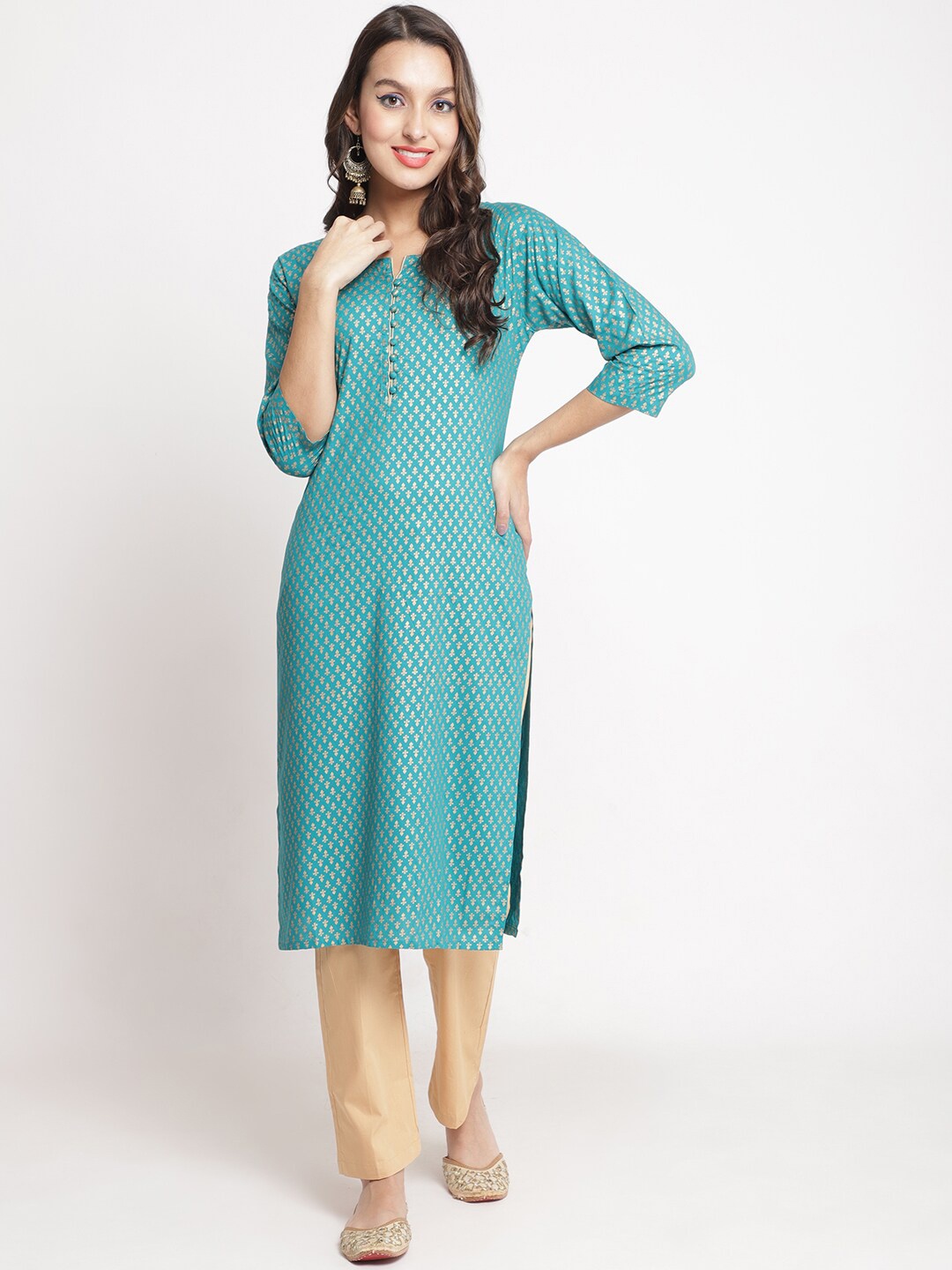 Jinfo Notch Neck Ethnic Motifs Printed Straight Kurta, Blue