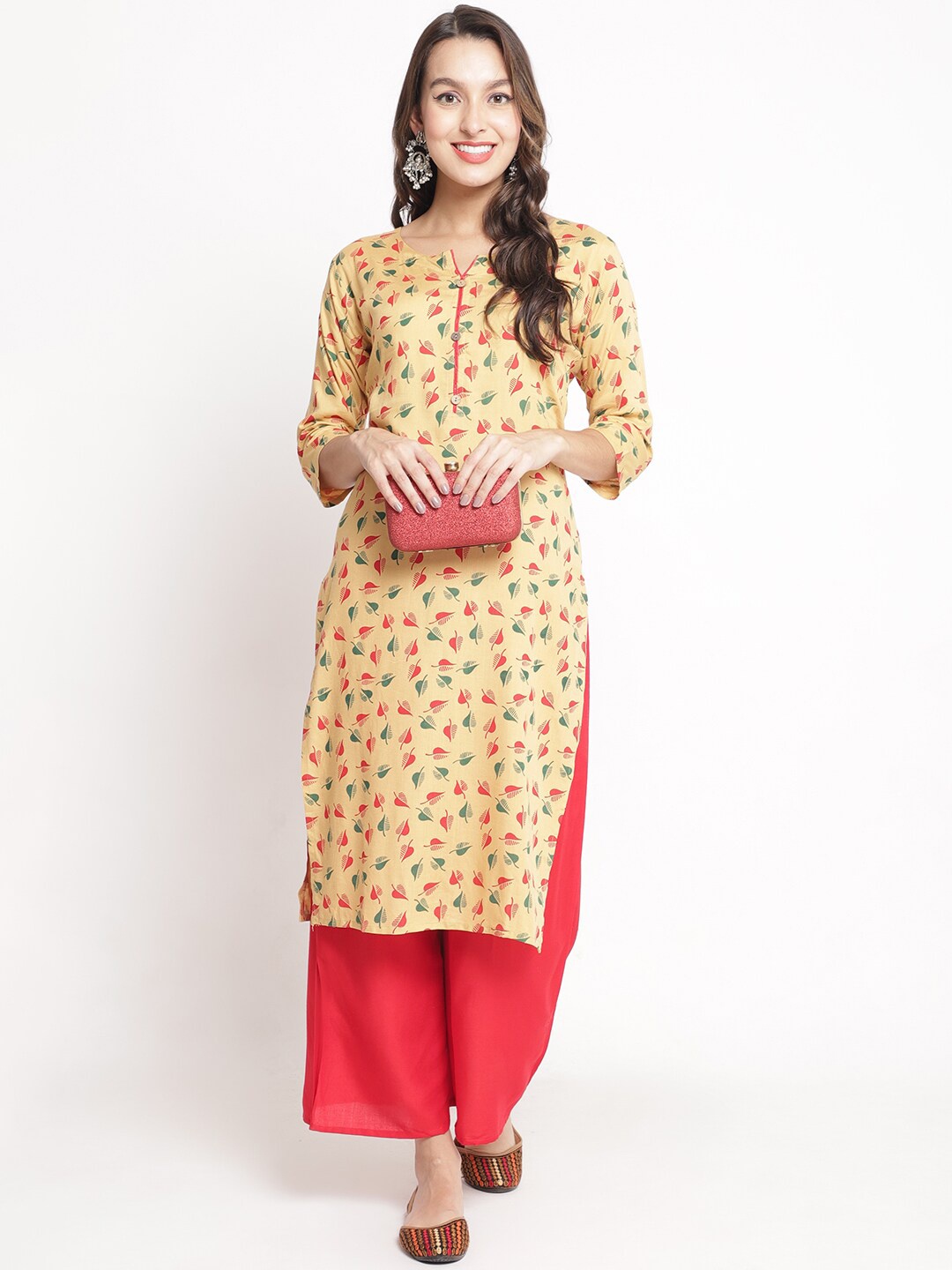 Jinfo Ethnic Motifs Printed Kurta With Palazzos, Beige