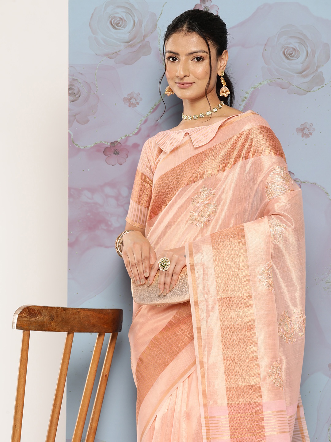 Mitera Ethnic Motifs Zari Saree, Orange