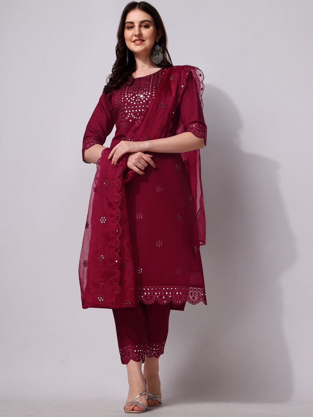 Berrylicious Ethnic Embroidered Mirror Work Chanderi Cotton Kurta with Trousers & Dupatta, Maroon