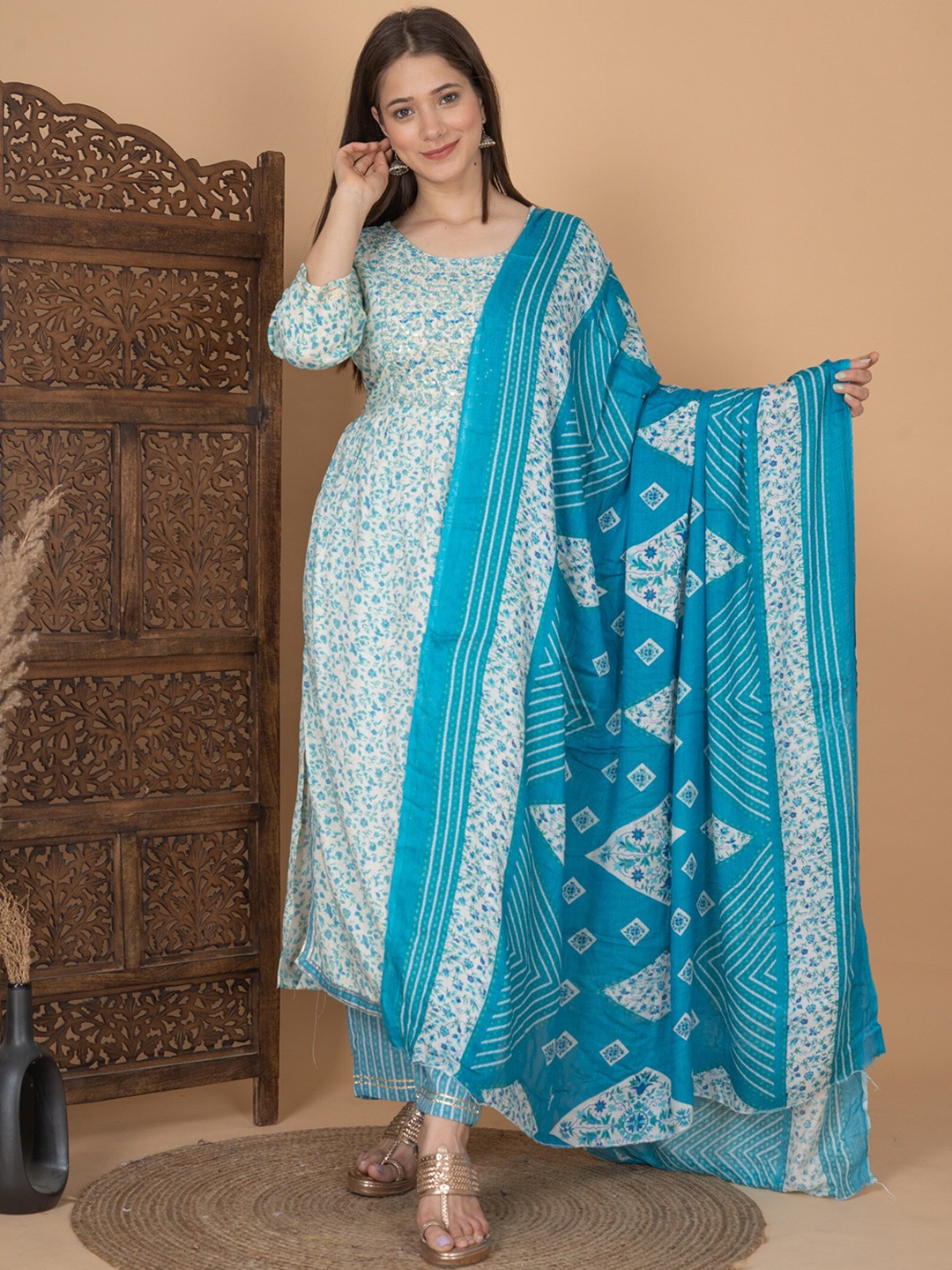 SINGNI Floral Printed Sequinned Kurta With Trousers & Dupatta, Blue