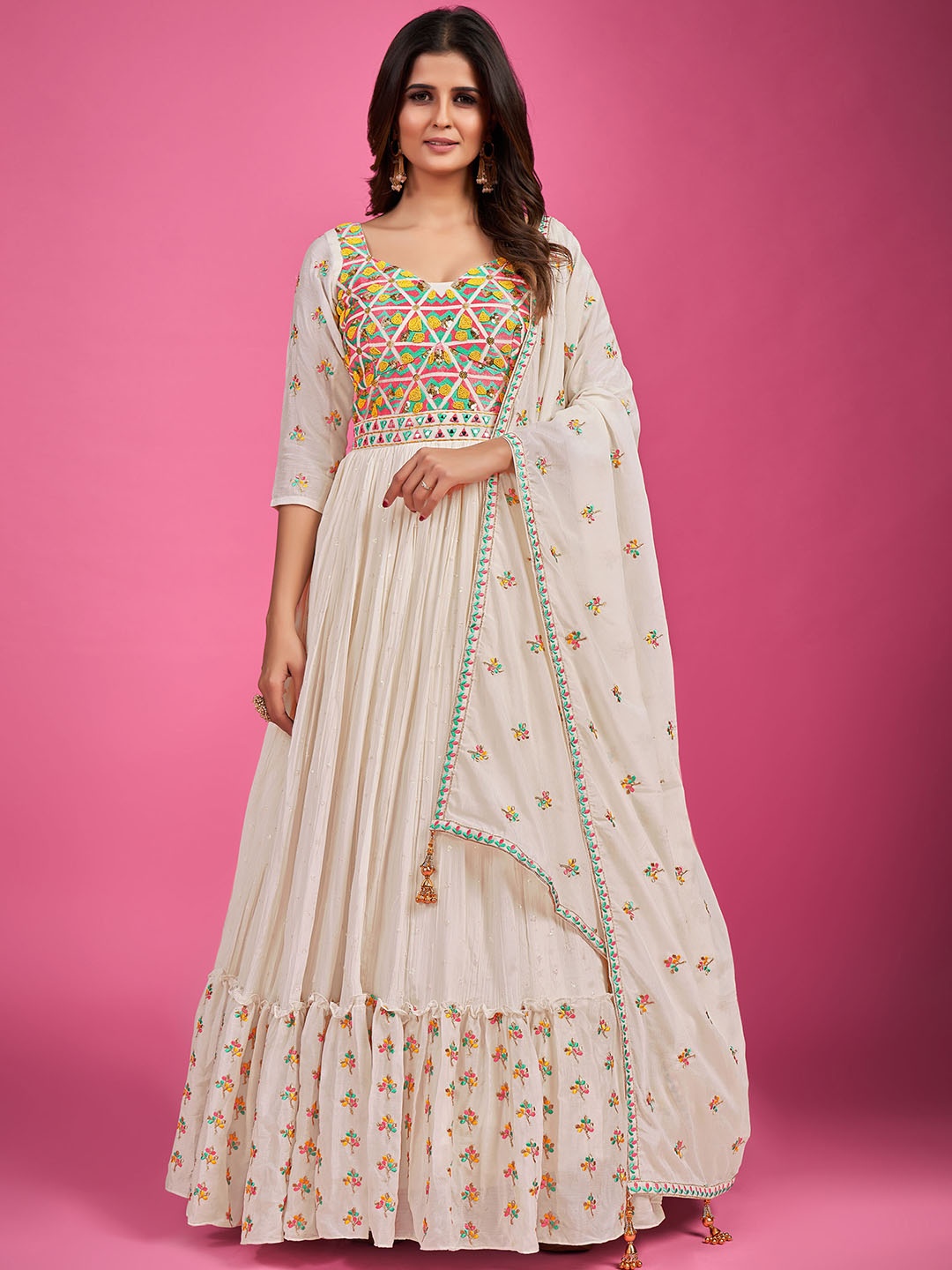 Fusionic Geometric Printed Embellished Georgette Ethnic Gown Dress With Dupatta, White
Fusionic Geometric Printed Embellished Georgette Ethnic Gown Dress With Dupatta, White