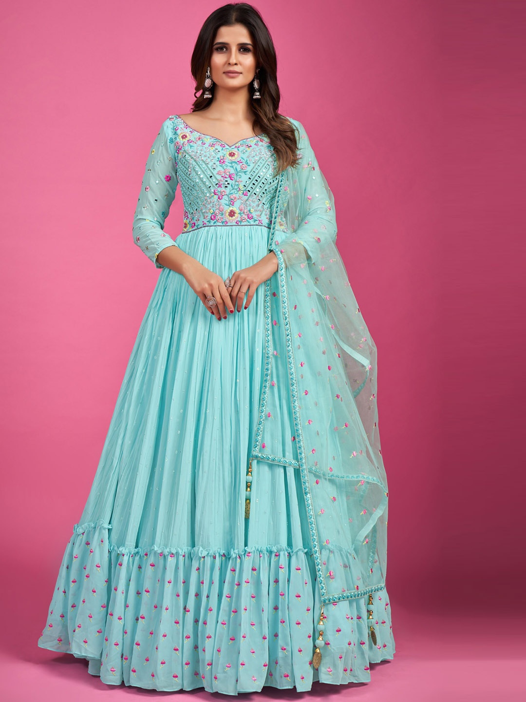 Fusionic Embroidered Sweetheart Neck Maxi Gown Ethnic Dresses With Dupatta, Turquoise blue
Fusionic Embroidered Sweetheart Neck Maxi Gown Ethnic Dresses With Dupatta, Turquoise blue