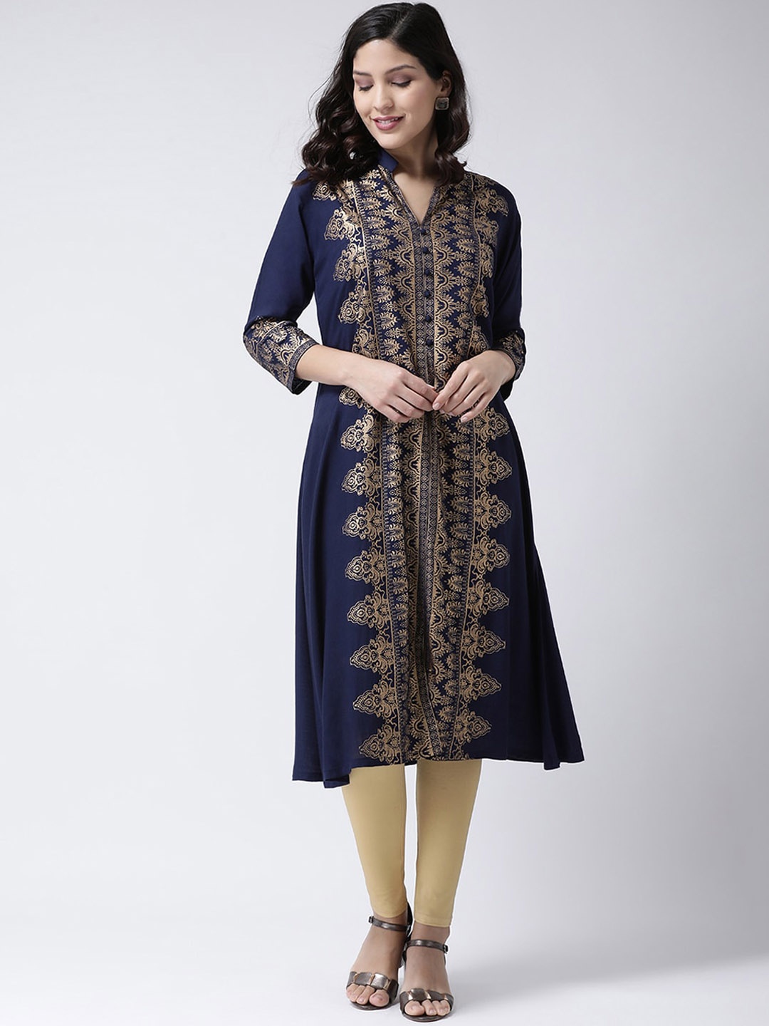 Charitra Ethnic Motifs Printed Cotton Kurta, Navy blue