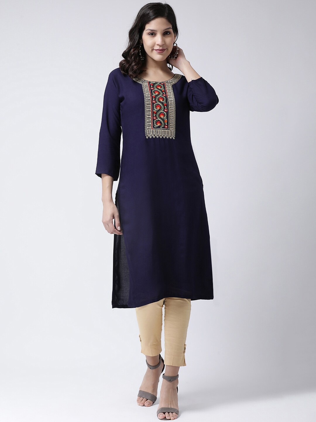 Charitra Floral Embroidered Straight Kurta, Navy blue