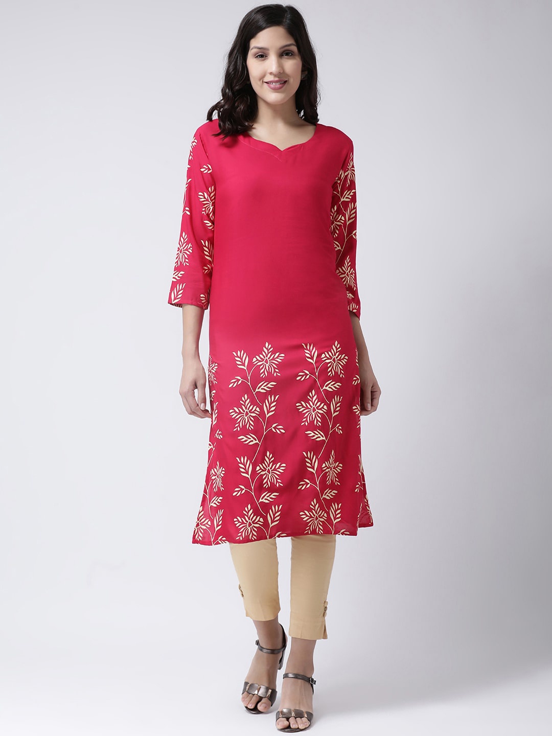 Charitra Floral Printed Straight Cotton Kurta, Red