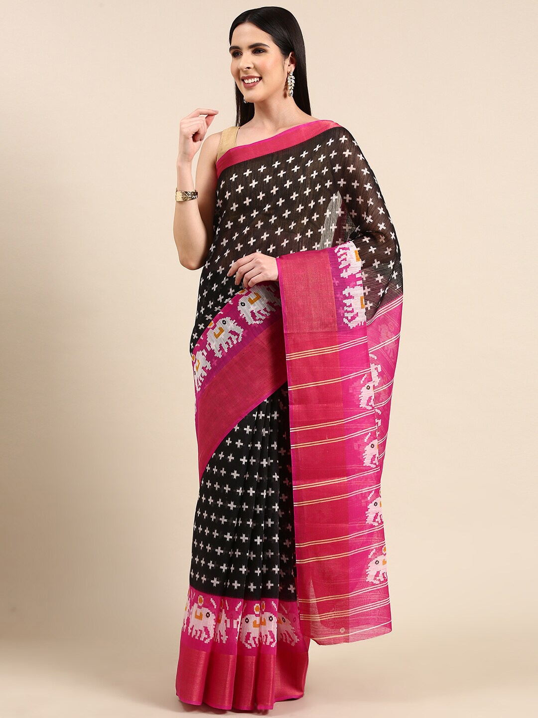 Anouk Ethnic Motifs Ikat Cotton Blend Saree, Black