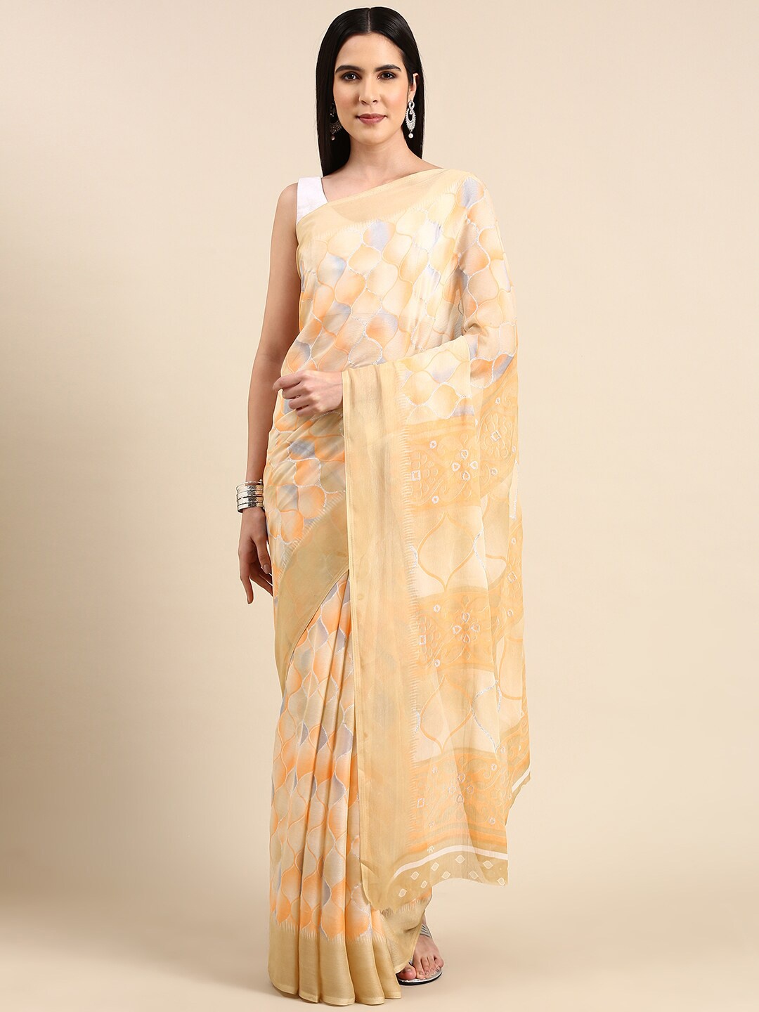 Anouk Abstract Printed Pure Chiffon Saree, Beige