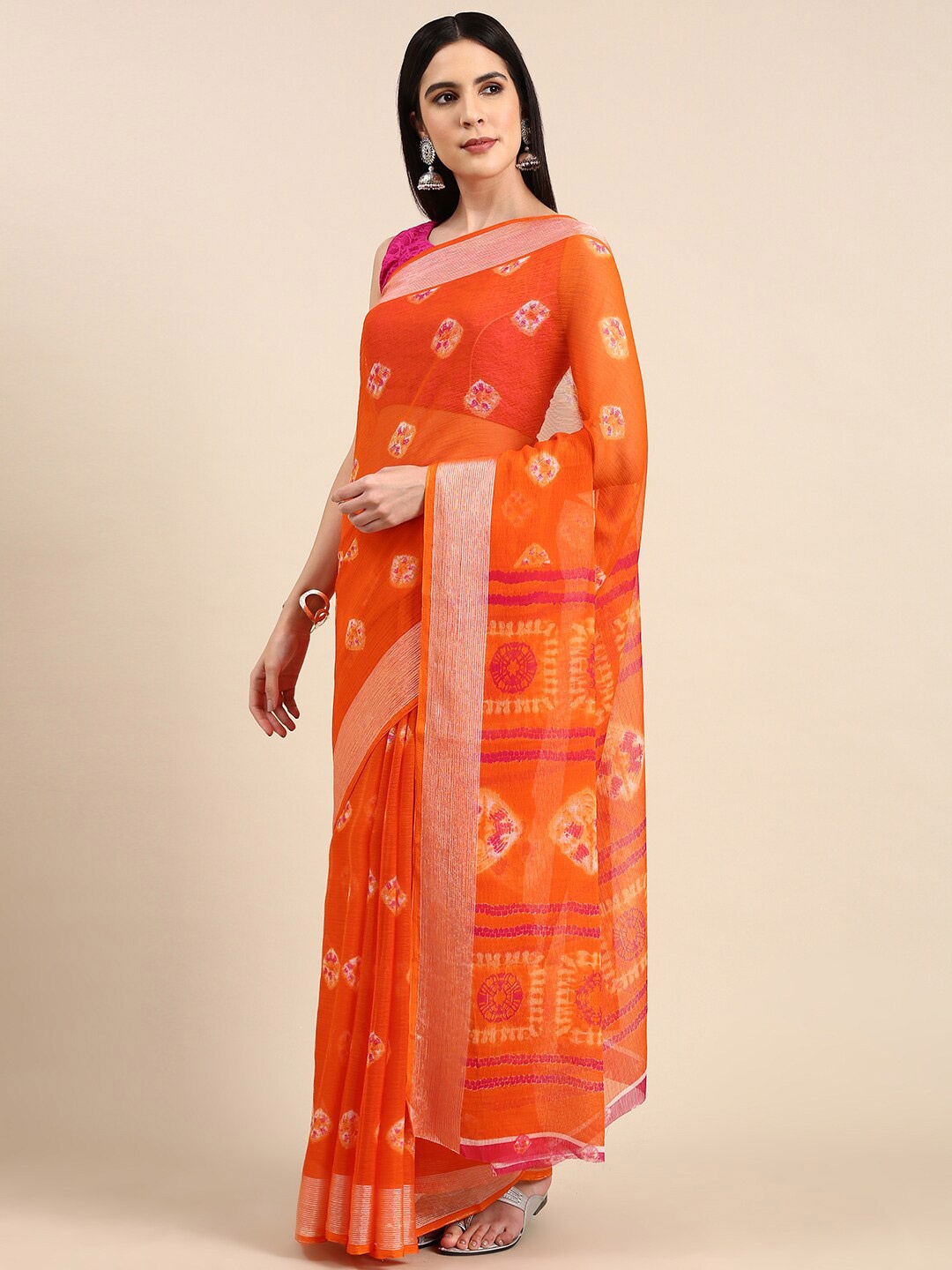 Anouk Batik Printed Pure Chiffon Saree, Orange