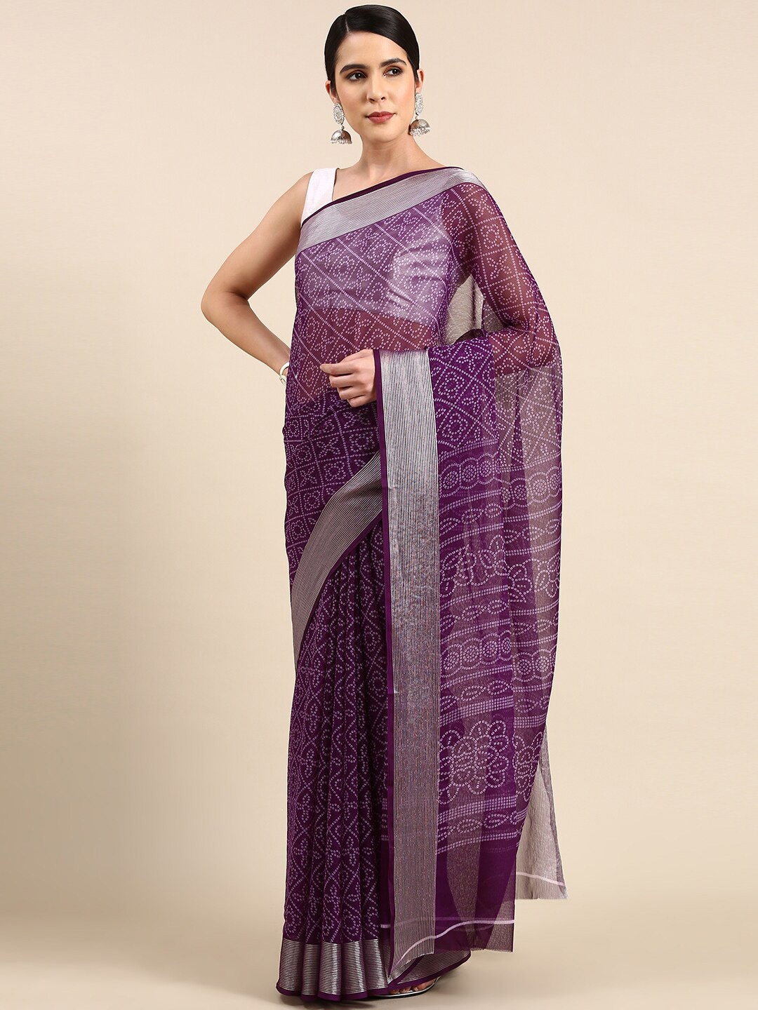 Anouk Pure Chiffon Bandhani Saree, Violet