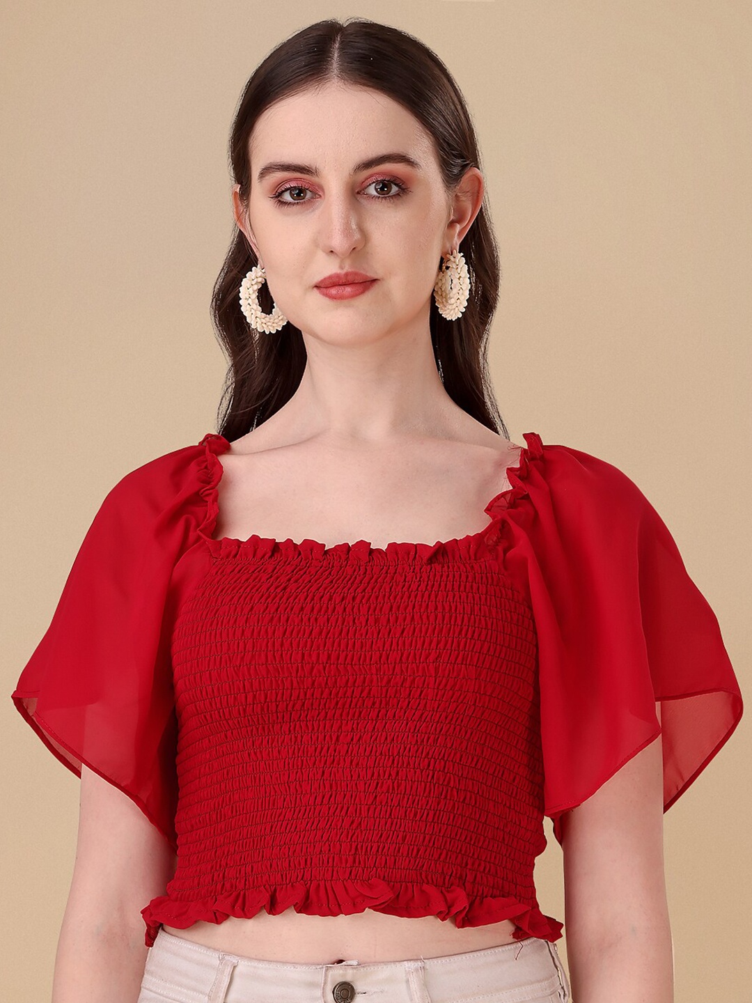 eshami Smocked Georgette Crop Top, Red