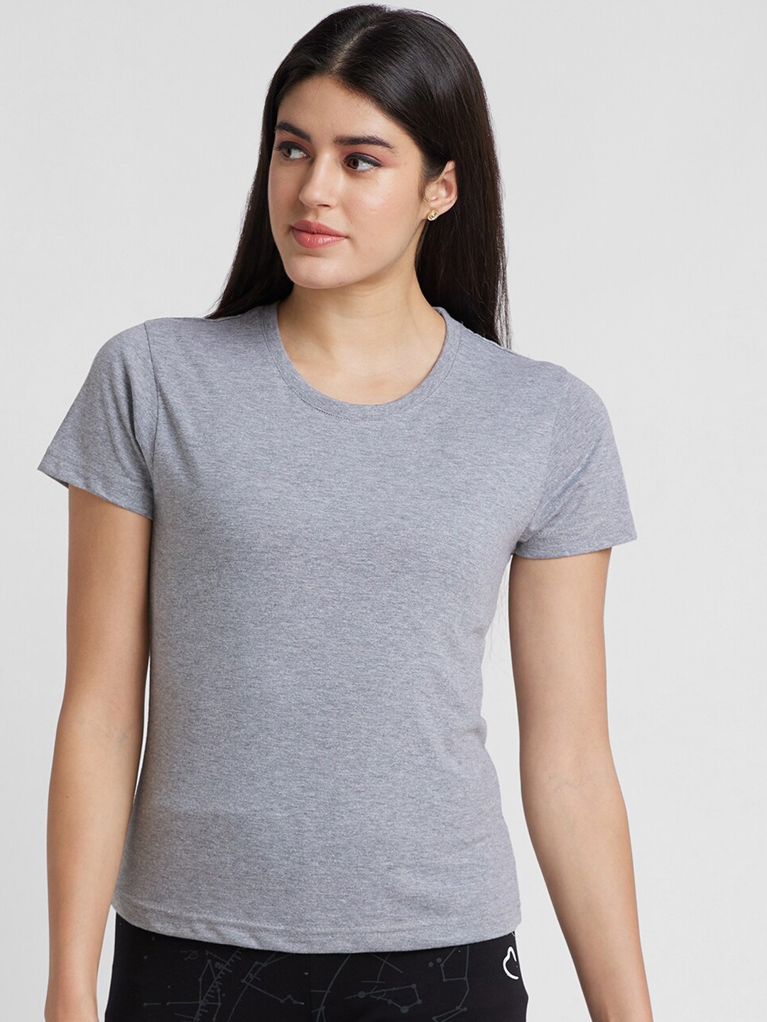 NOIRA Round Neck Knitted Cotton T-Shirt, Grey