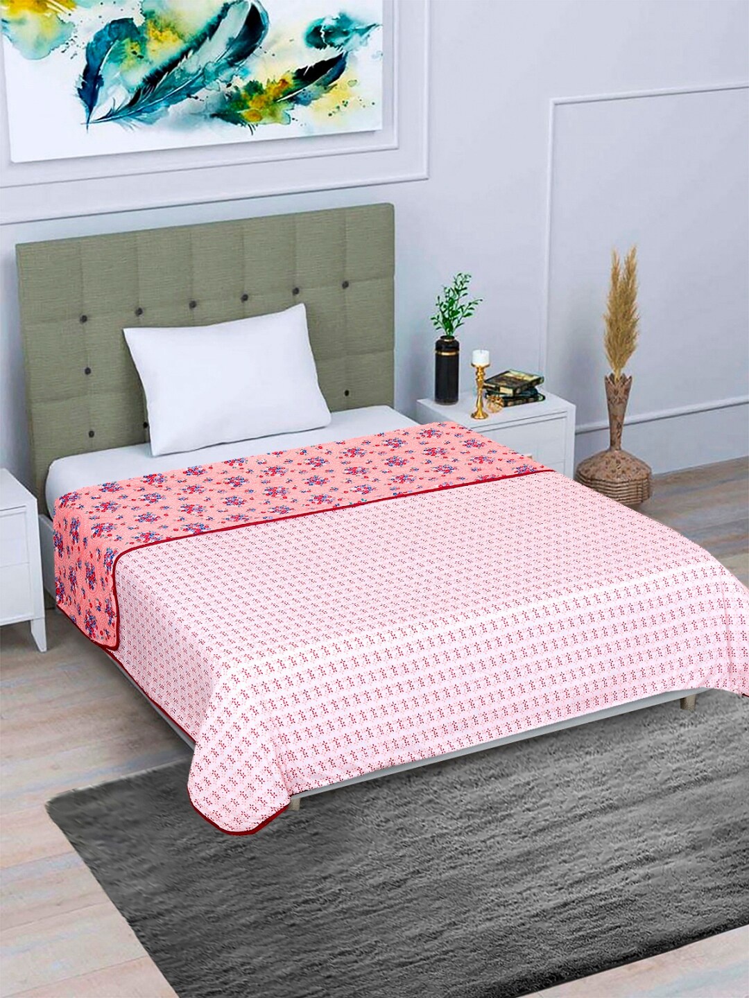 ROMEE Peach-Coloured Floral AC Room 150 GSM Single Bed Dohar