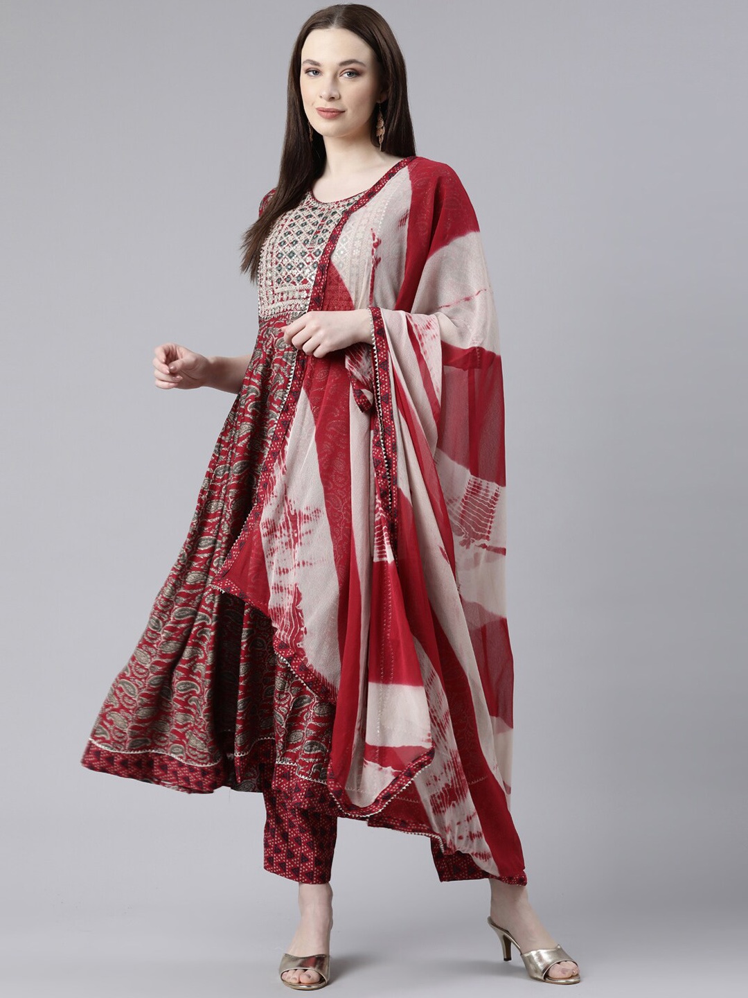 Neerus Paisley Printed Mirror Work Anarkali Kurta with Trousers & Dupatta, Maroon