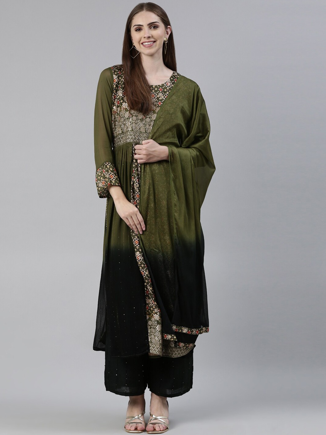Neerus Ethnic Motifs Printed Thread Work A-Line Kurta With Palazzos & Dupatta, Olive
Neerus Ethnic Motifs Printed Thread Work A-Line Kurta With Palazzos & Dupatta, Olive