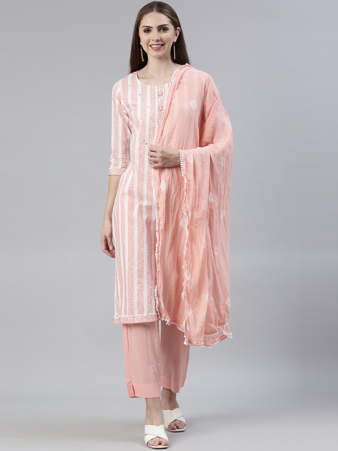 Neerus Striped Mirror Work Pure Cotton Kurta with Trousers & With, Peach