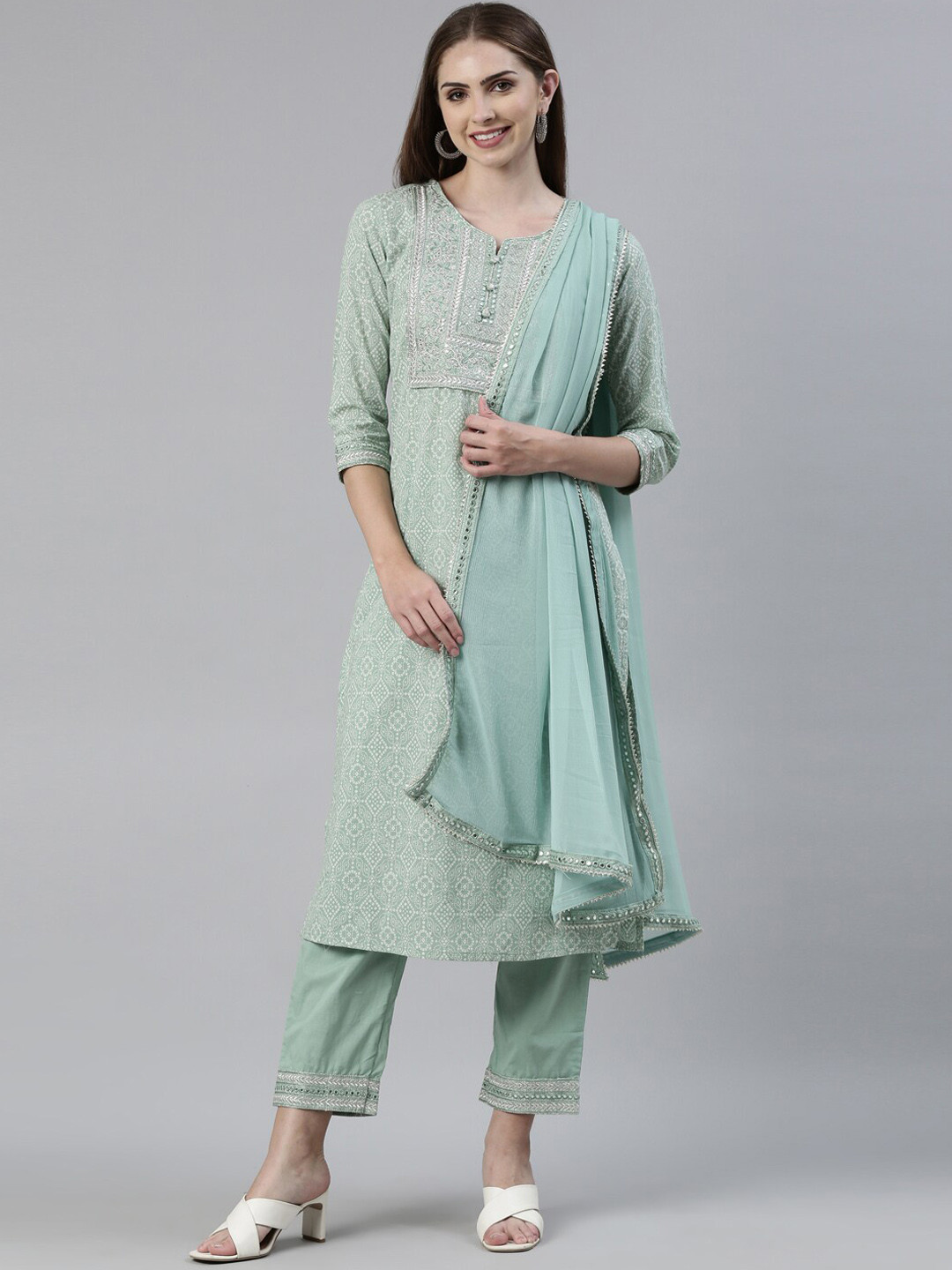 Neerus Bandhani Printed Thread Work Pure Cotton Kurta with Trousers & Dupatta, Sea green
Neerus Bandhani Printed Thread Work Pure Cotton Kurta with Trousers & Dupatta, Sea green