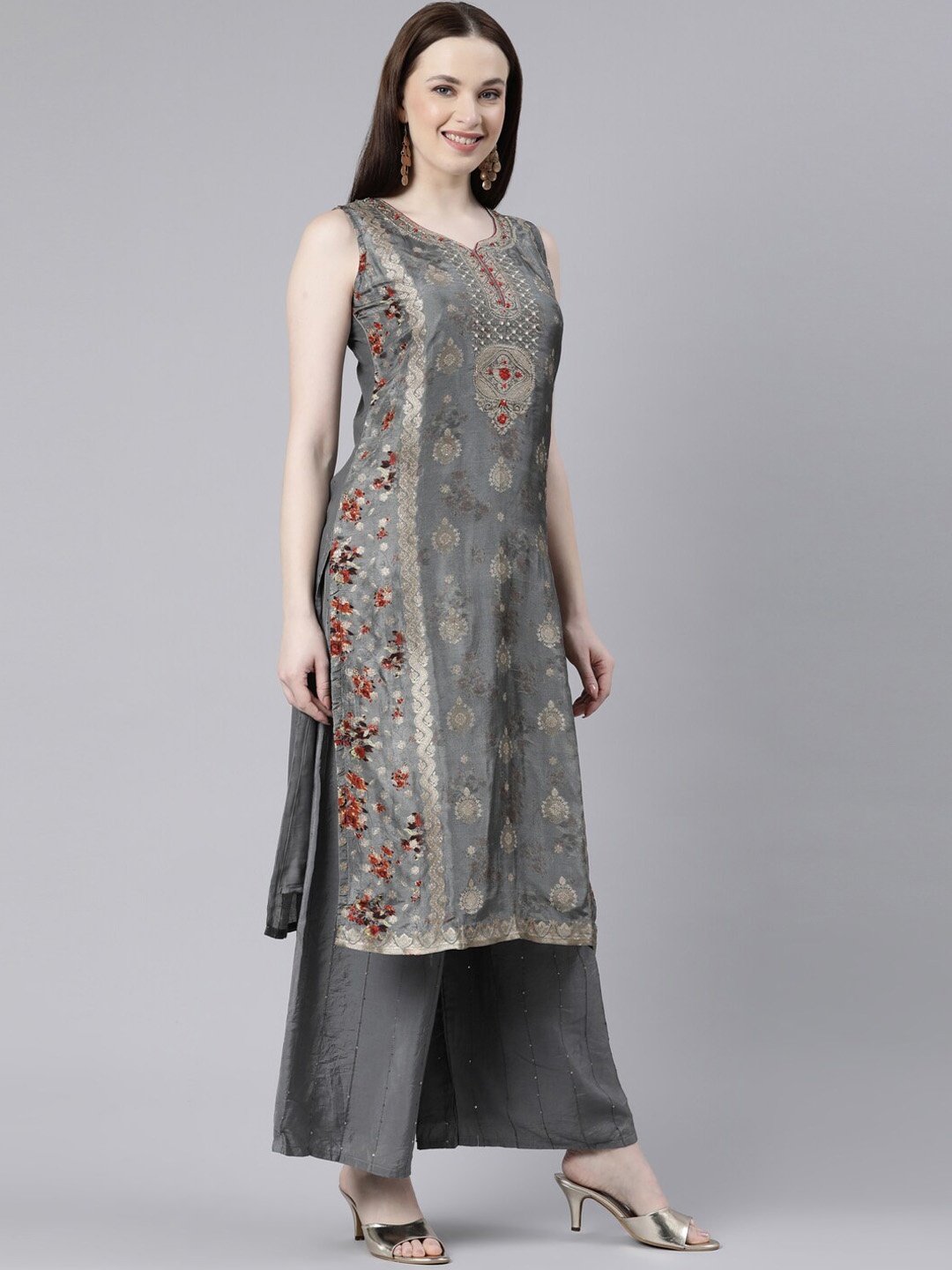 Neerus Ethnic Motif Woven Design Beads and Stones Kurta With Palazzos & Waistcoat, Grey
Neerus Ethnic Motif Woven Design Beads and Stones Kurta With Palazzos & Waistcoat, Grey