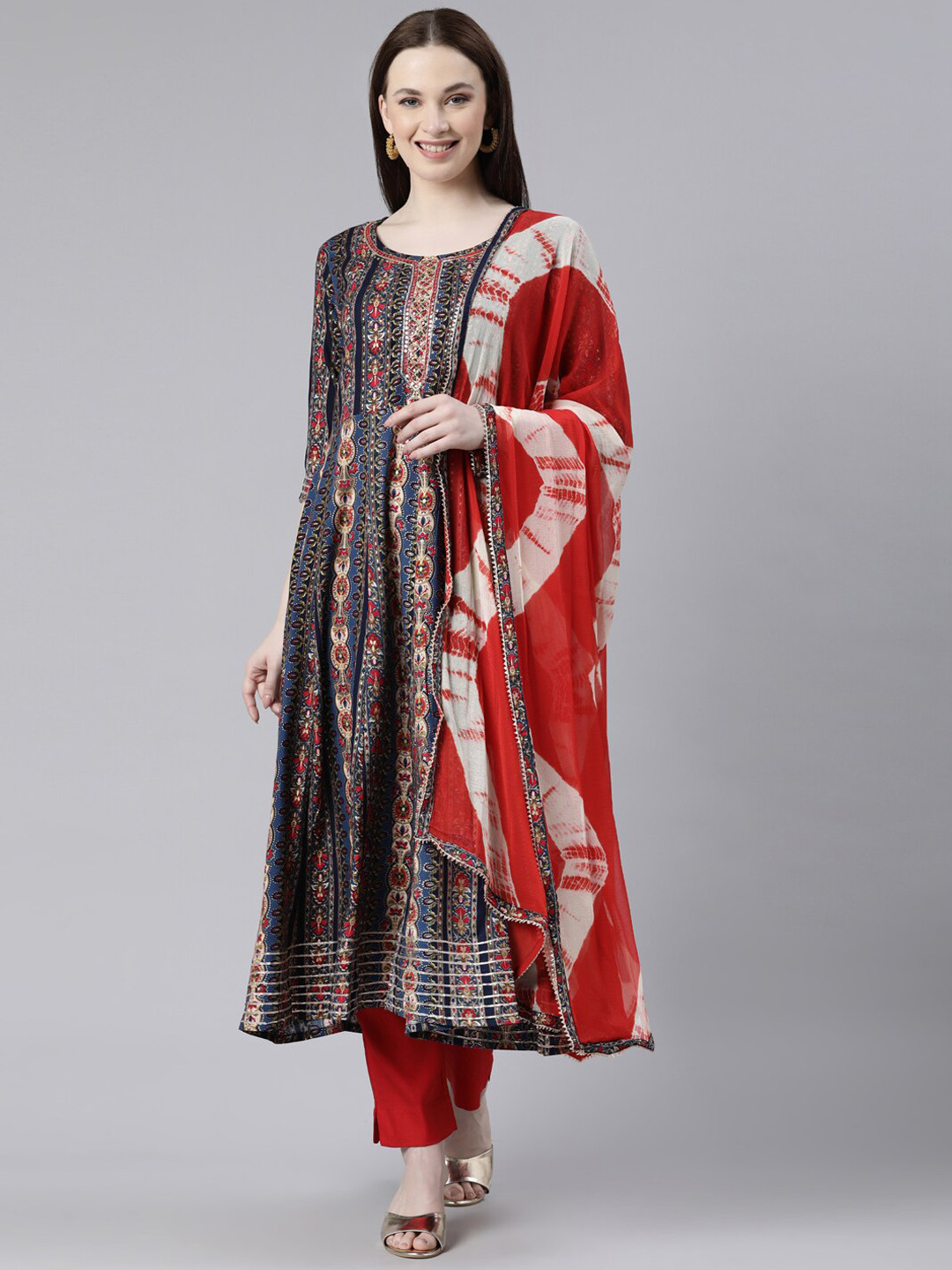 Neerus Ethnic Motifs Embroidered Mirror Work Anarkali Kurta With Trousers & Dupatta, Navy blue
Neerus Ethnic Motifs Embroidered Mirror Work Anarkali Kurta With Trousers & Dupatta, Navy blue