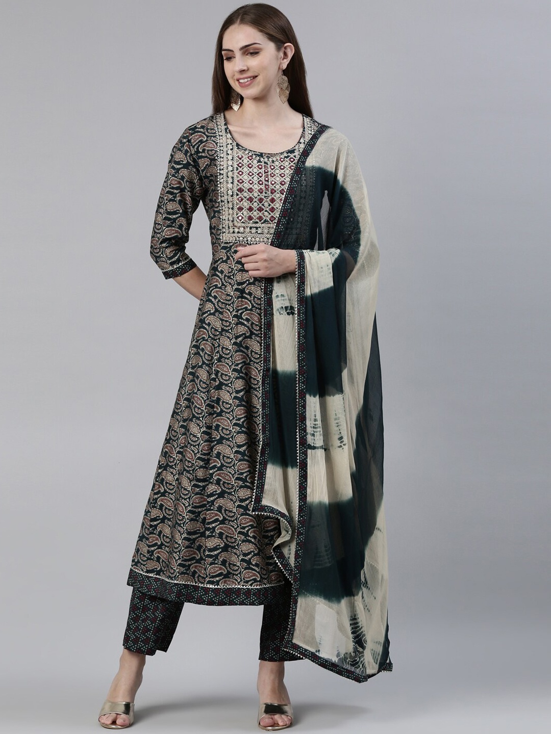 Neerus Ethnic Motifs Printed Mirror Work Anarkali Kurta With Trousers & Dupatta, Green
Neerus Ethnic Motifs Printed Mirror Work Anarkali Kurta With Trousers & Dupatta, Green