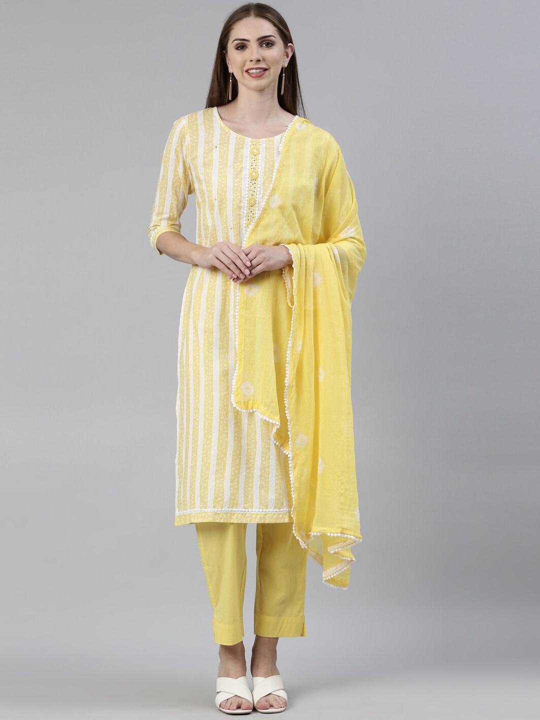 Neerus Ethnic Motifs Printed Thread Work Pure Cotton Kurta With Trousers & Dupatta, Yellow
Neerus Ethnic Motifs Printed Thread Work Pure Cotton Kurta With Trousers & Dupatta, Yellow
