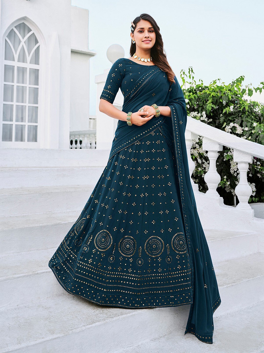 ODETTE Embellished Semi-Stitched Lehenga & Unstitched Blouse With Dupatta, Teal