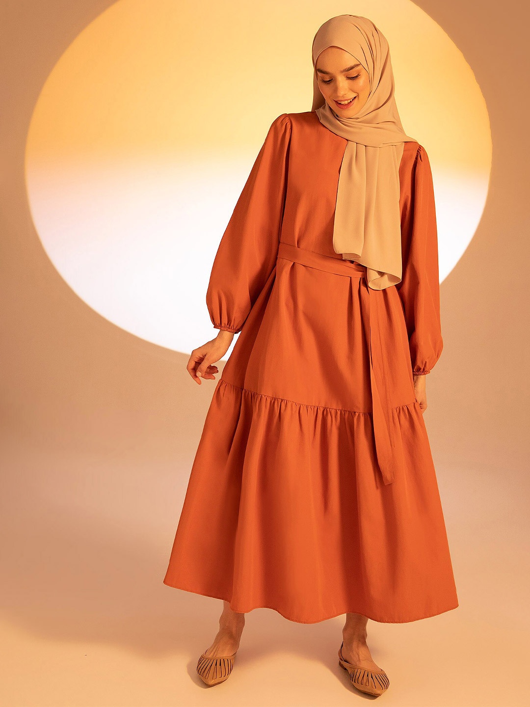 DeFacto Puff Sleeves Waist Tie -Ups Tiered A-Line Midi Dress, Orange