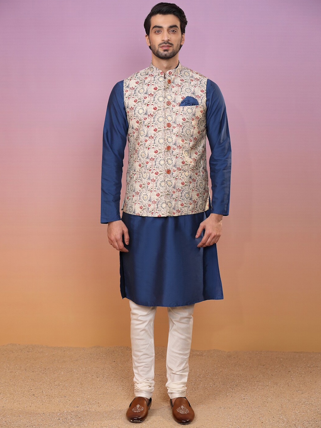 KISAH Mandarin Collar Straight Kurta With Churidar & Kantha Print Nehru Jacket, Blue
KISAH Mandarin Collar Straight Kurta With Churidar & Kantha Print Nehru Jacket, Blue