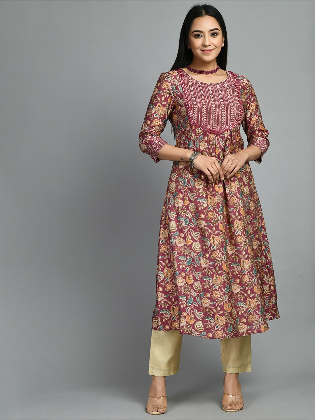 MEESAN Floral Printed Mirror Work Pleated Kurta, Maroon
