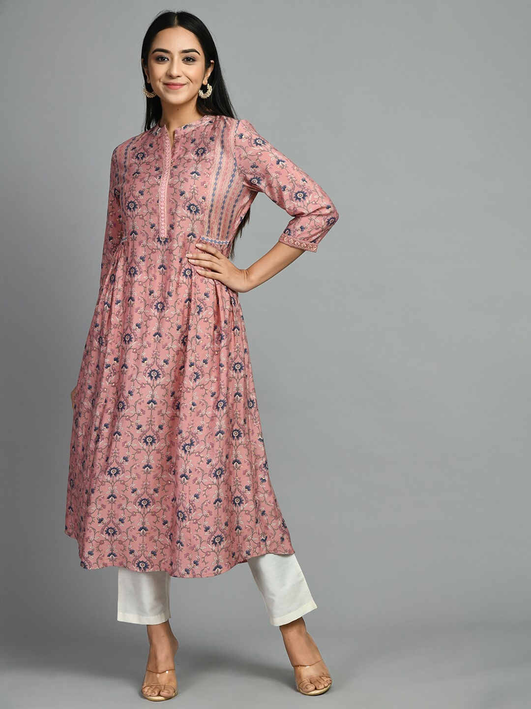 MEESAN Band Neck Floral Printed Pleated Modal A-Line Kurta, Pink