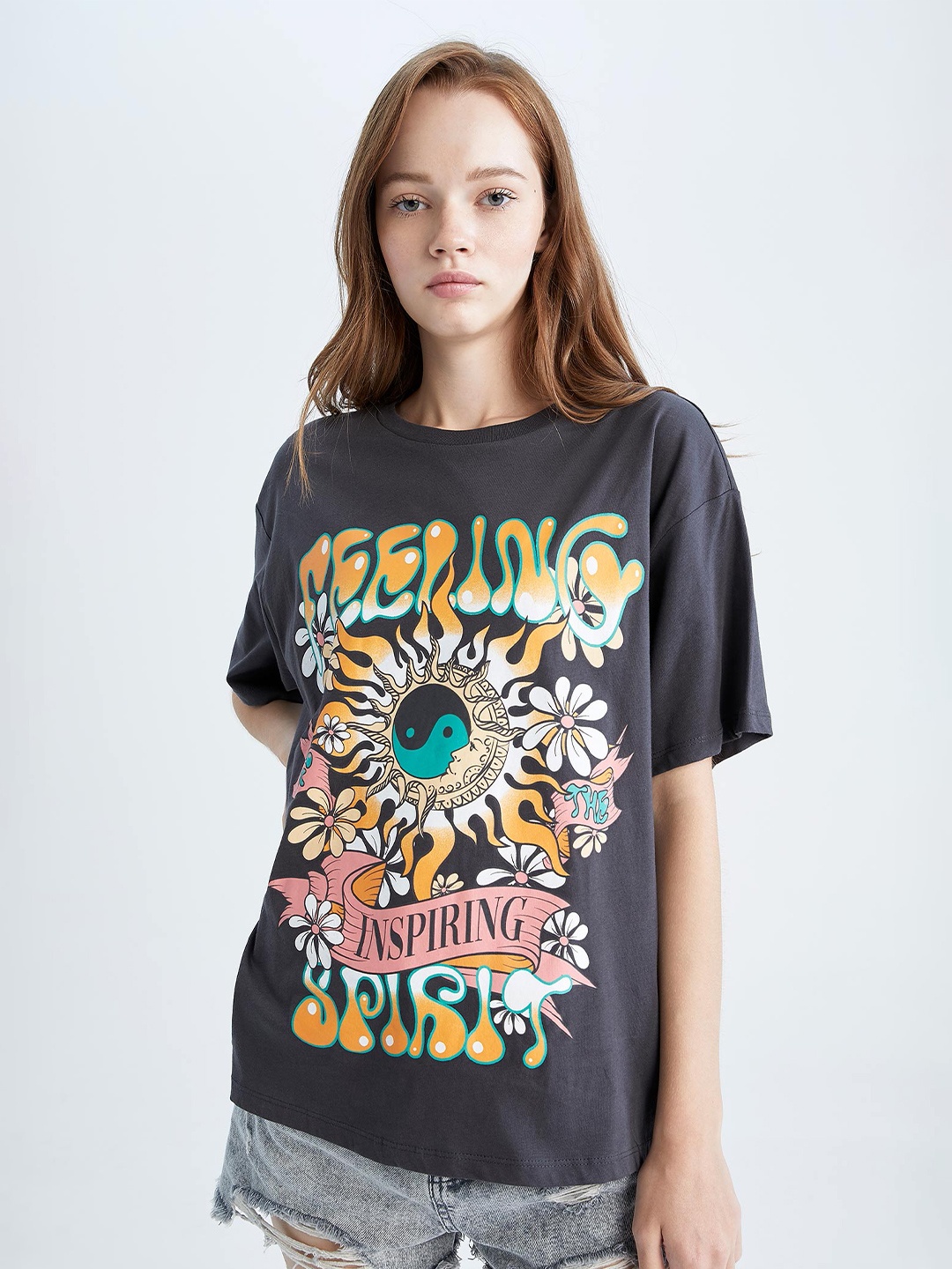 DeFacto Graphic Printed Drop Shoulder Pure Cotton T-shirt, Charcoal