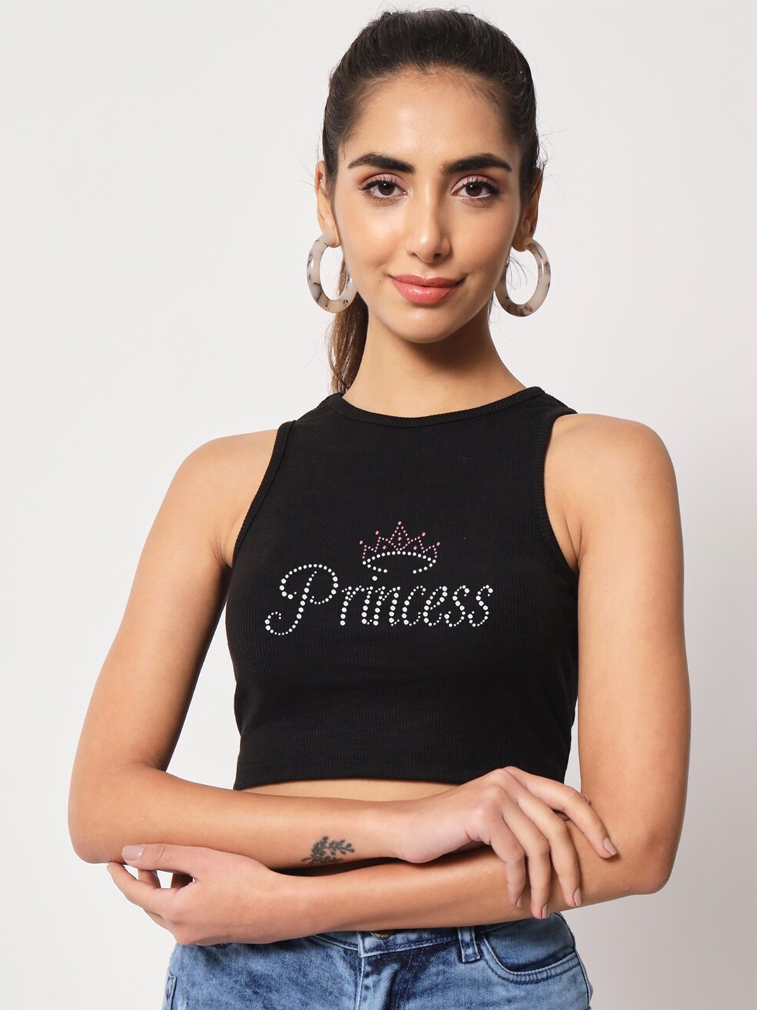 Womenster Typography Printed Knitted Crop Top, Black