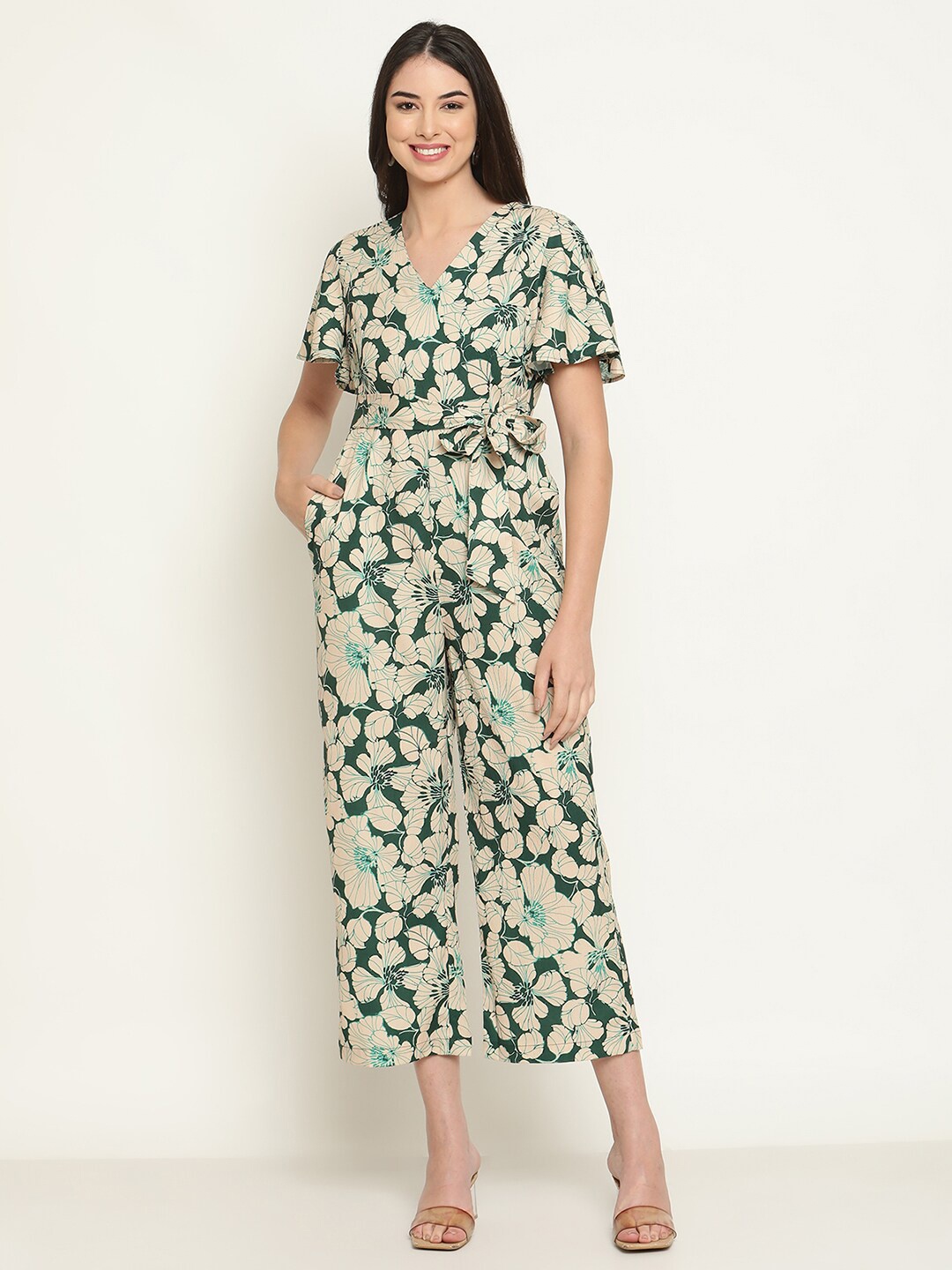 The Vanca Floral Printed V-Neck Waist Tie-Ups Basic Jumpsuit, Green