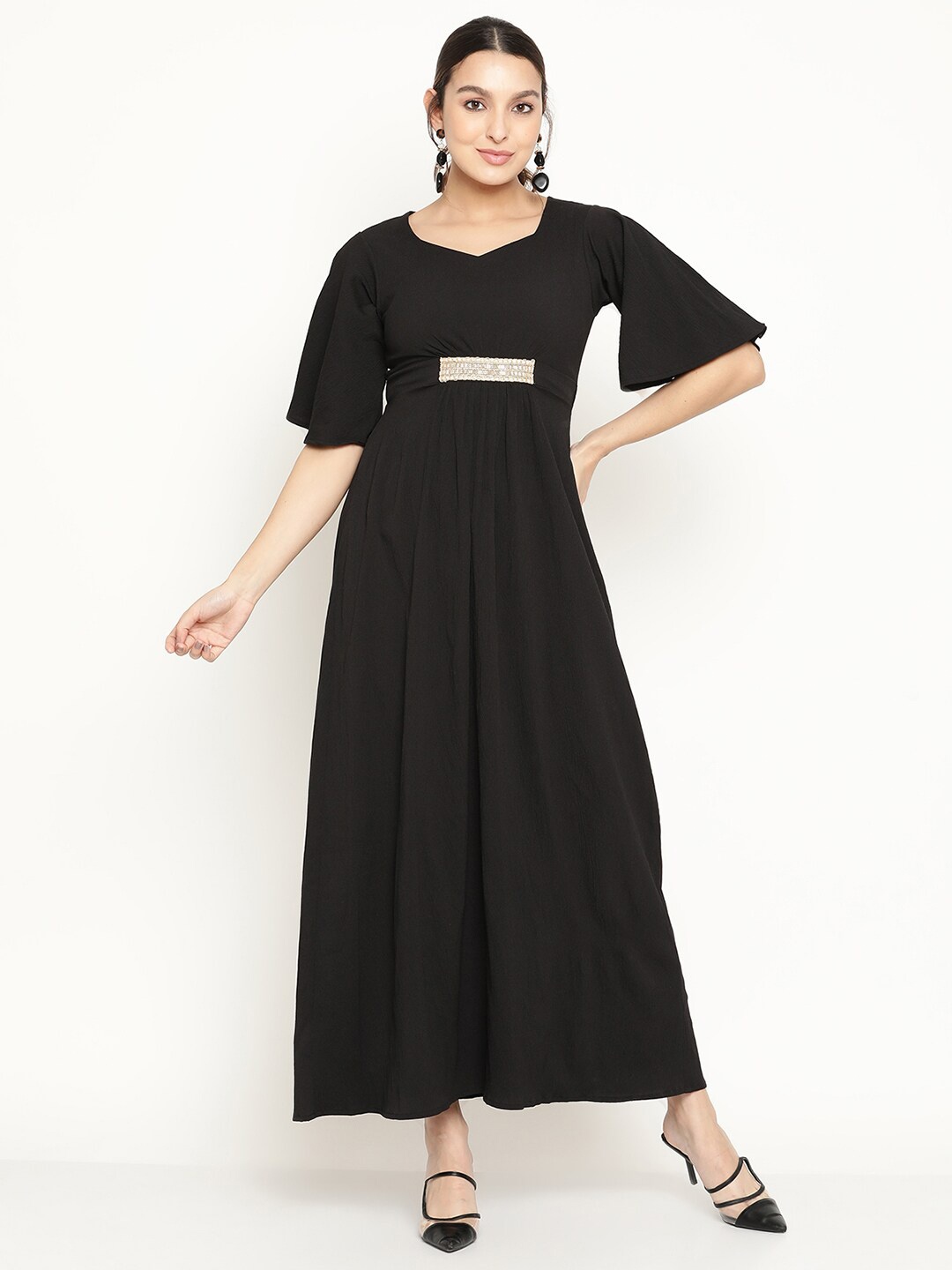 The Vanca Square Neck Flare Sleeves Embellished Maxi Dress, Black