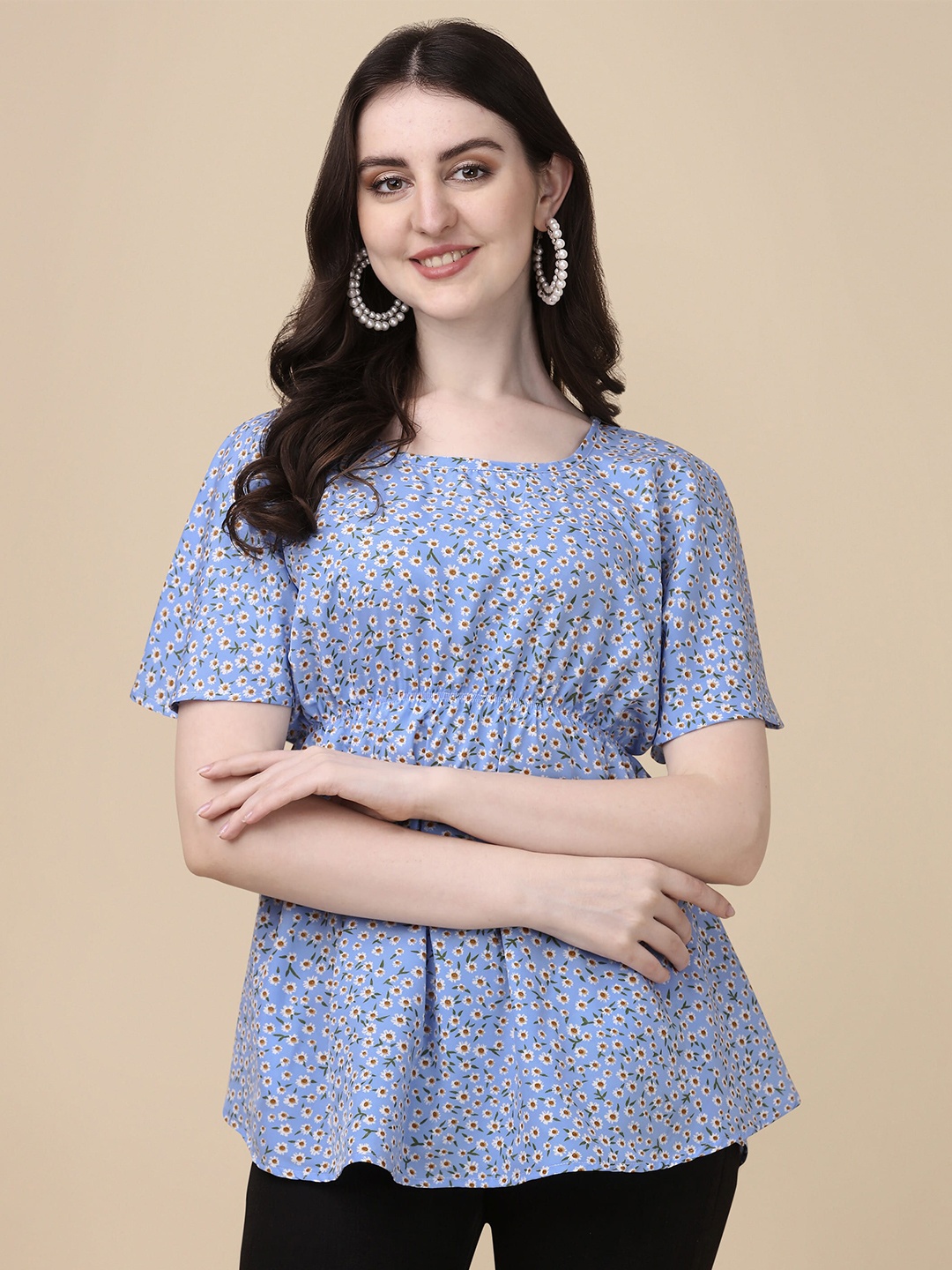 Paralians Floral Printed Flared Sleeves Empire Top, Blue