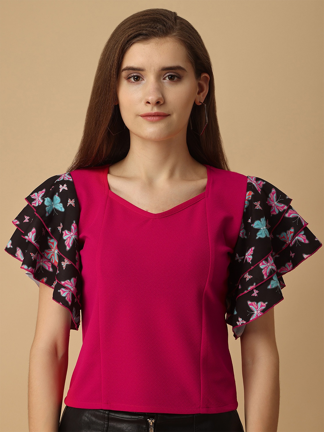 Paralians V-Neck Flutter Sleeves Floral Printed Top, Fuchsia