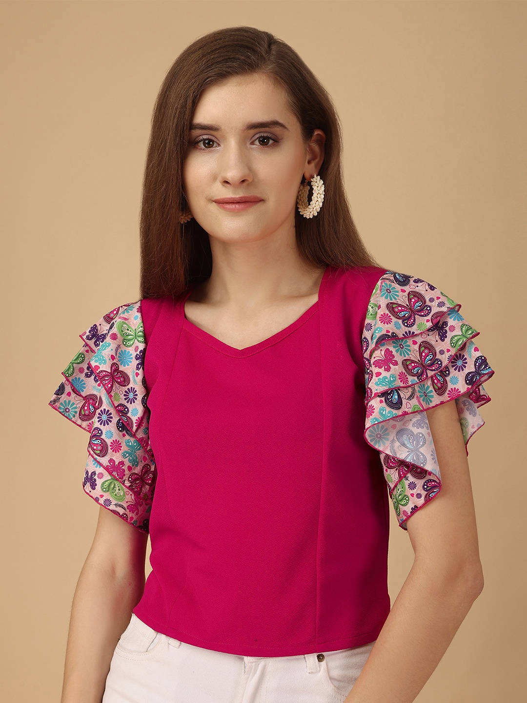 Paralians Conversational Printed V-Neck Flared Sleeves Top, Magenta