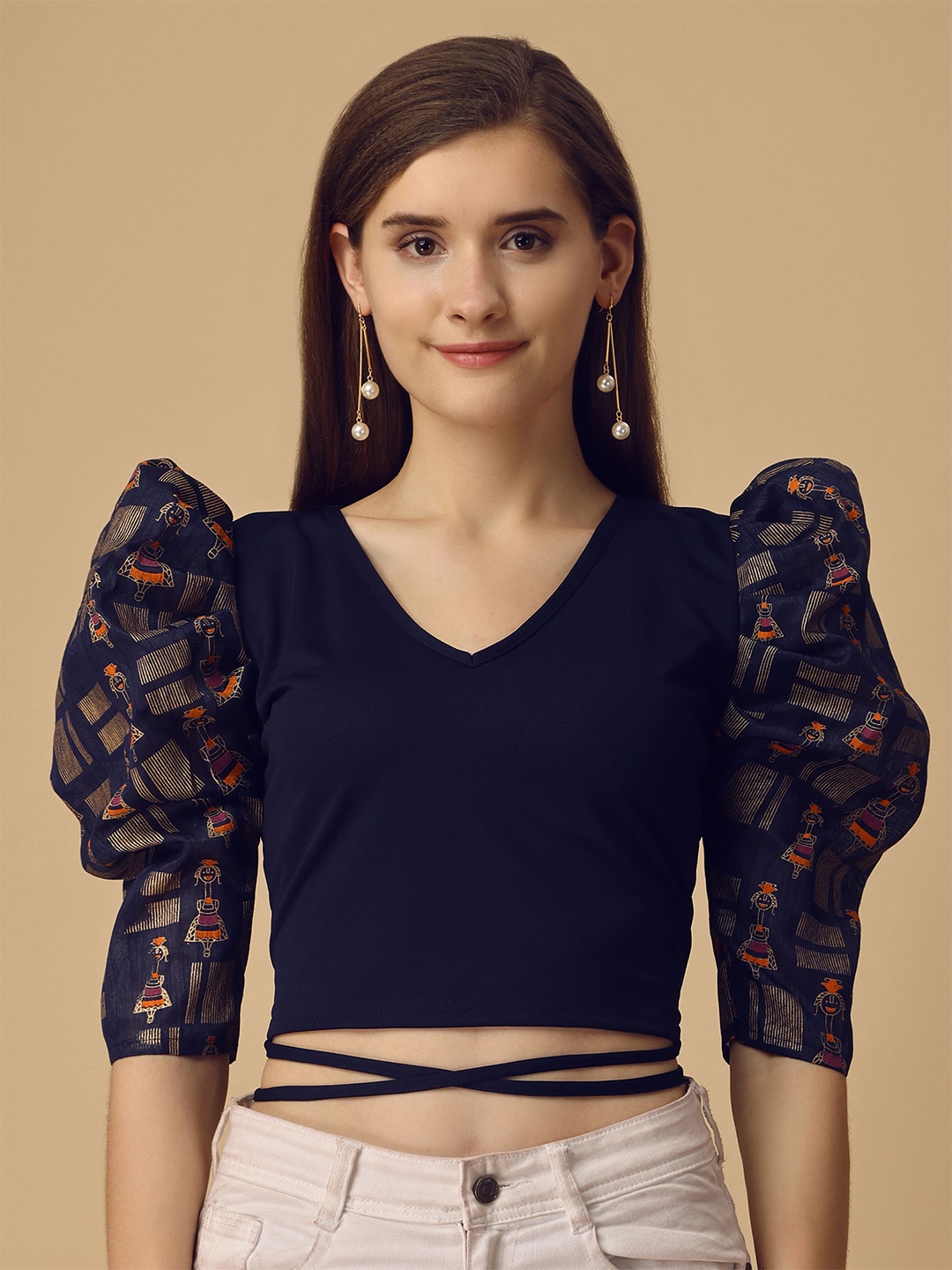 Paralians V-Neck Puff Sleeves Waist Tie-Up Crop Top, Navy blue